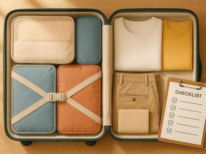 Чеклист и аккуратно уложенный чемодан