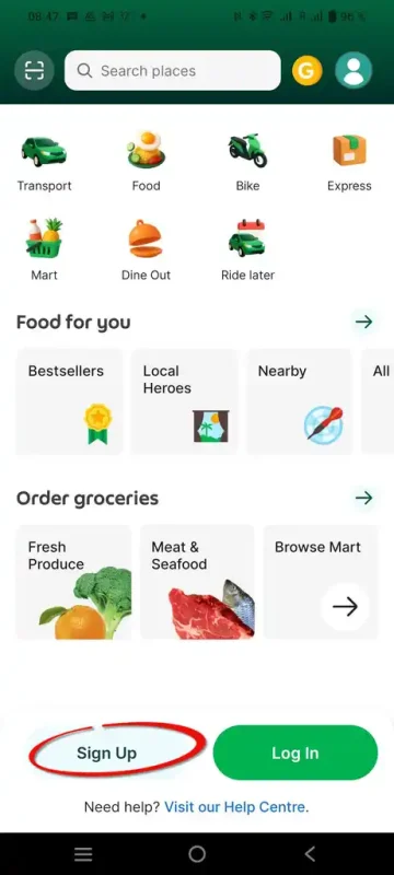 Экран входа и регистрации в приложении Grab
