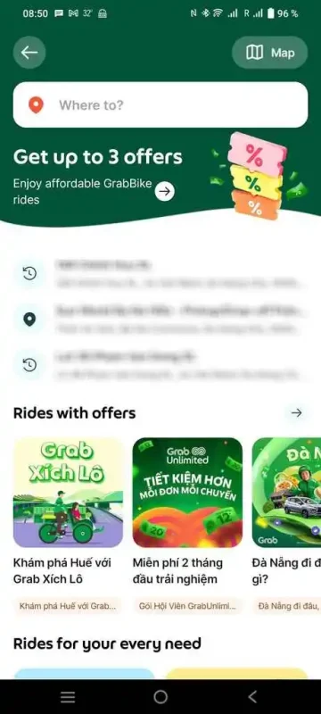 Экран приложения Grab для выбора пункта назначения