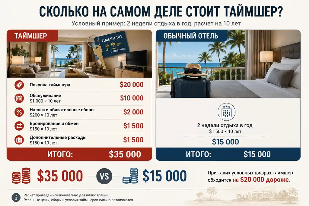 Инфографика сравнивает стоимость таймшера и проживания в обычном отеле за 10 лет